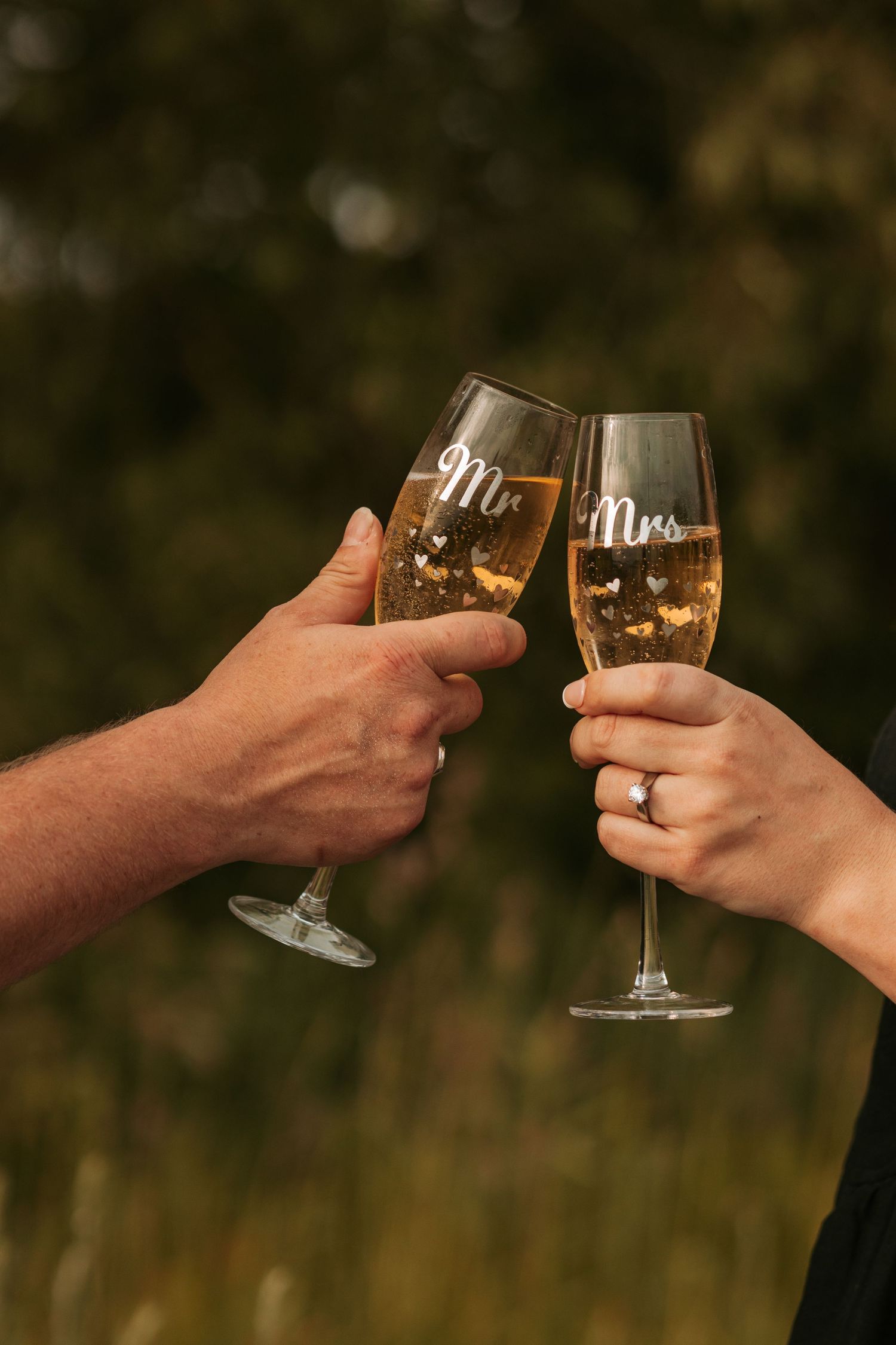 Multiple hands clinking champagne glasses together in celebration during golden hour.