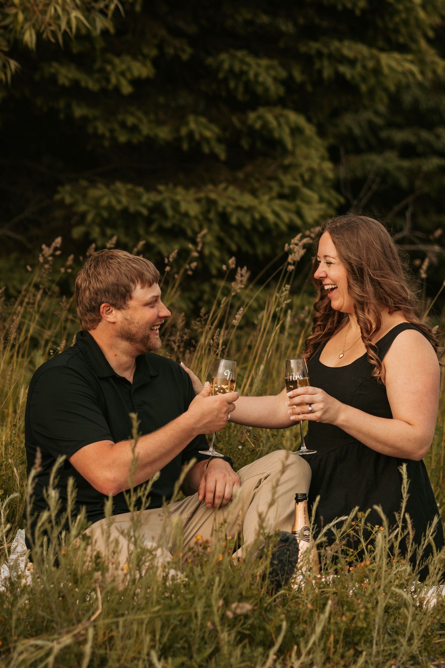 Couple toasting with glasses while relaxing in a meadow at golden hour.