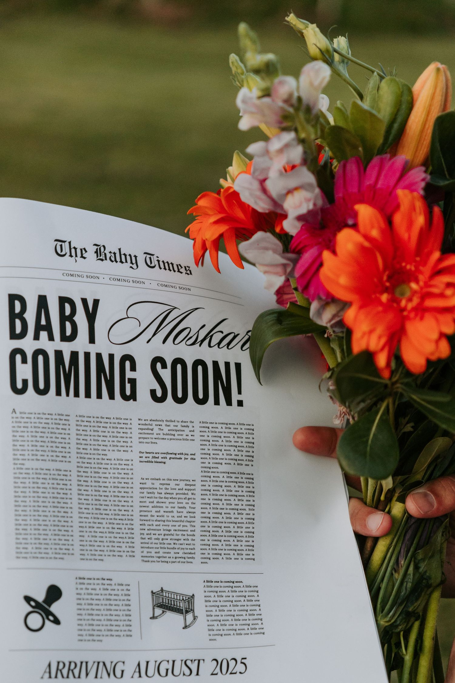 Newspaper-style pregnancy announcement with flowers showing August 2025 due date.