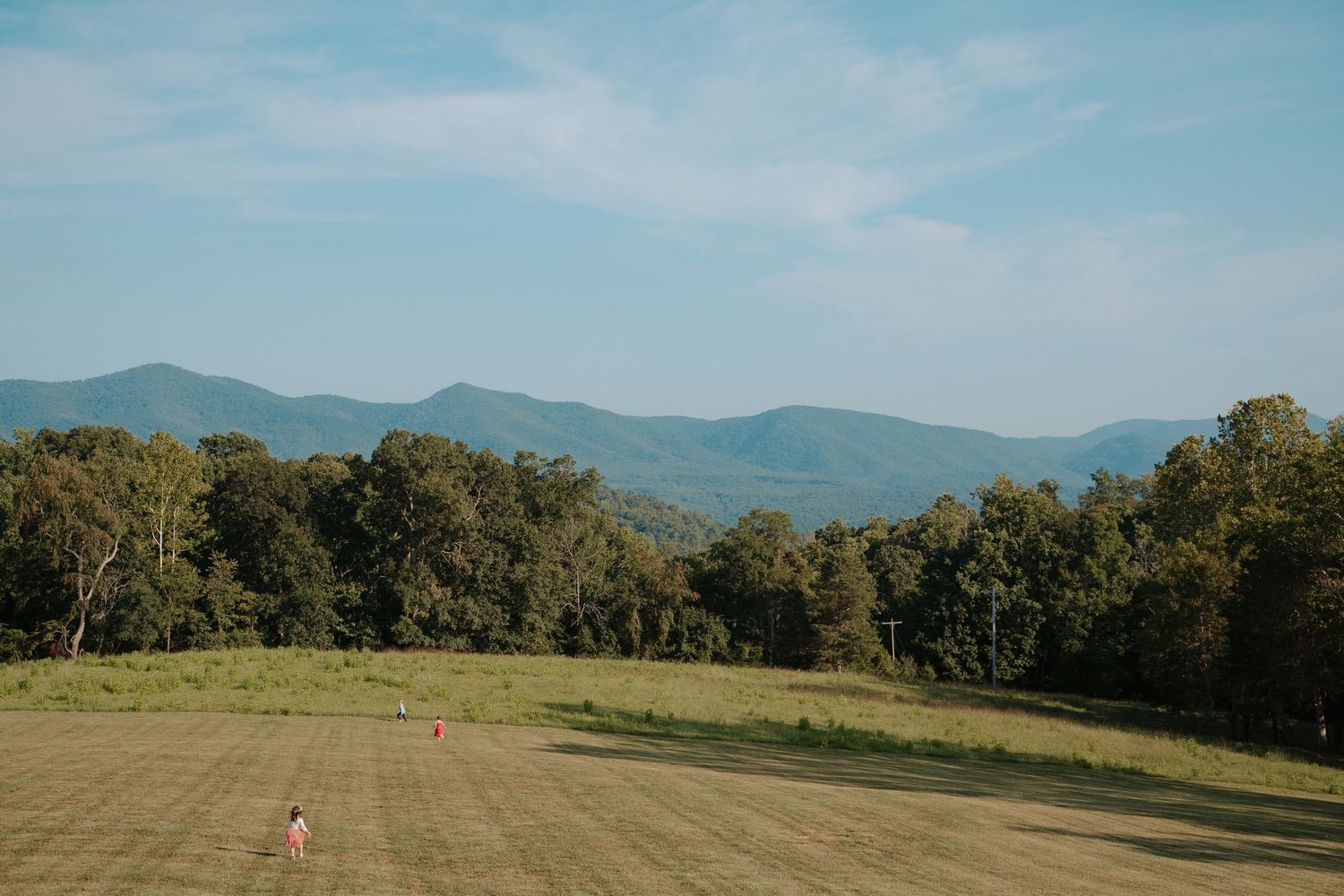 Landscape photo by Dan Bowler of children running during cozy barn wedding in Blue Ridge Mountains of Virginia