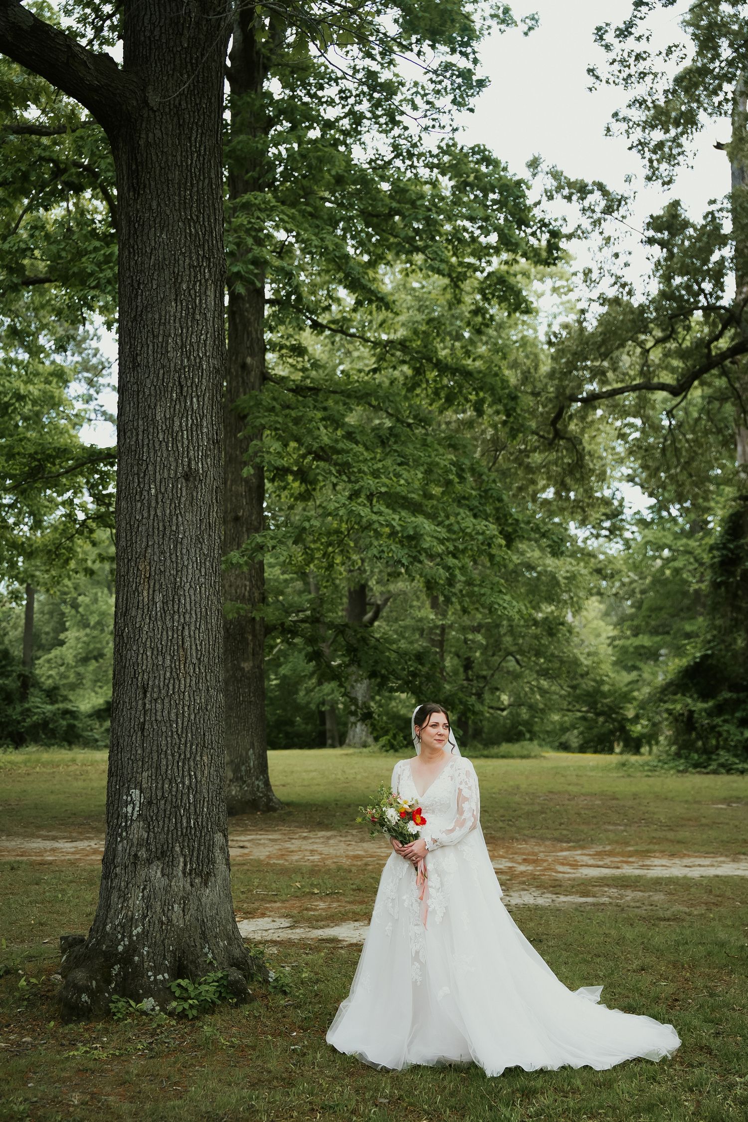 A Richmond Virginia bride holds her bouquet and looks over her shoulder in a long, dress and train while standing next to a tall oak tree
