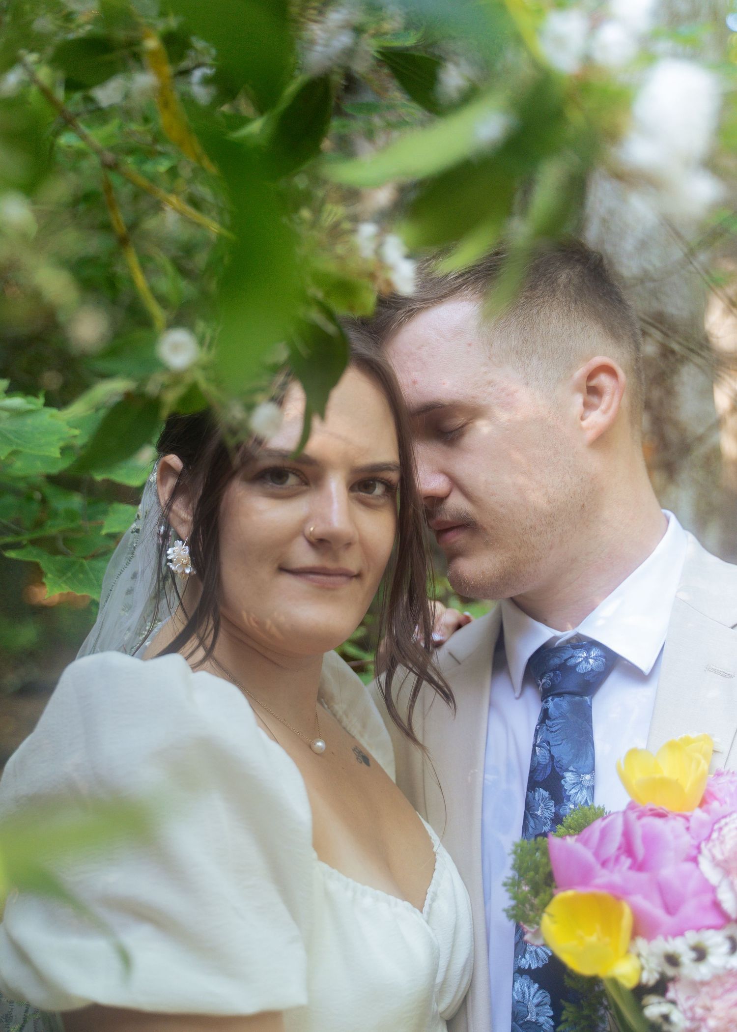 Intimate dreamy portrait of bride and groom during a hiking elopement on skyline drive in the Blue Ridge Mountains near Charlottesville