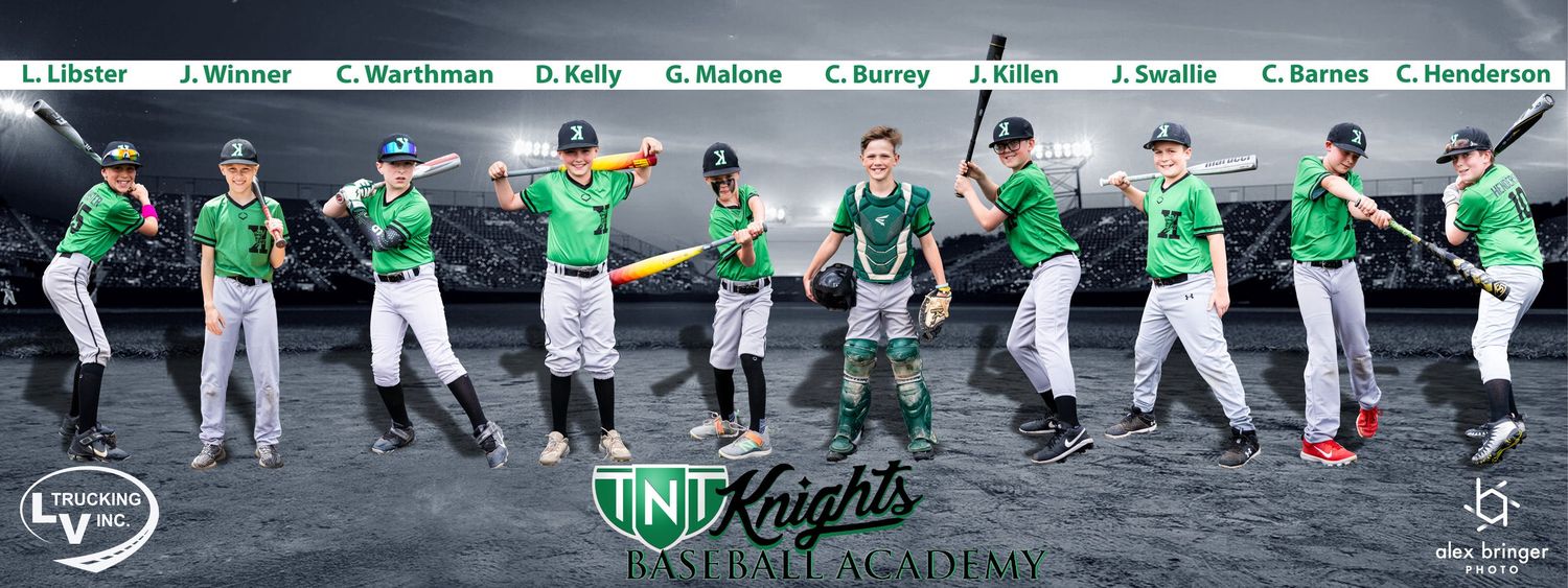 TNT Knights Baseball Academy team banner featuring players in green uniforms on a baseball field.