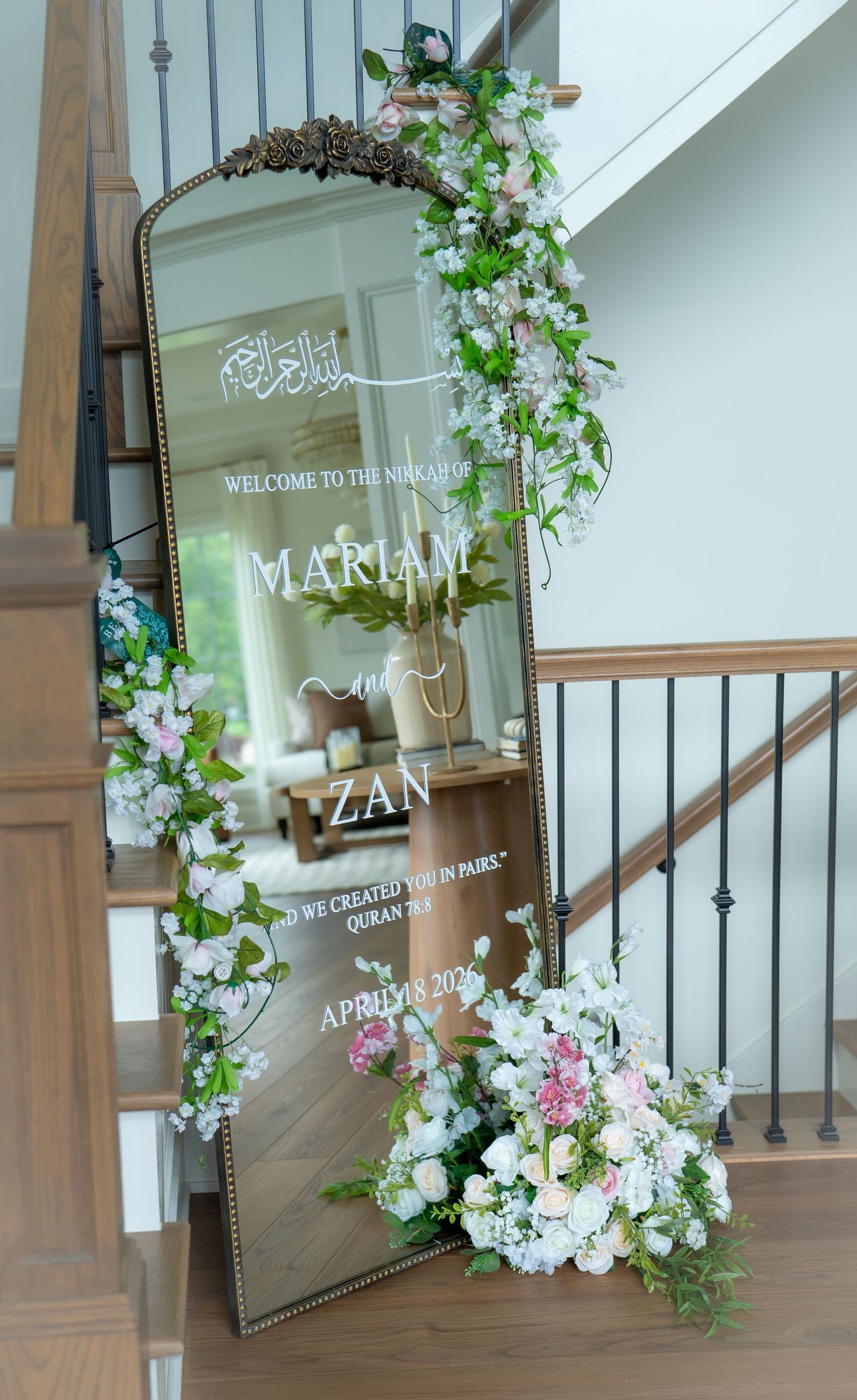 Decorative mirror wedding welcome sign for Mariam and Zan's Nikah ceremony dated April 18, 2026.