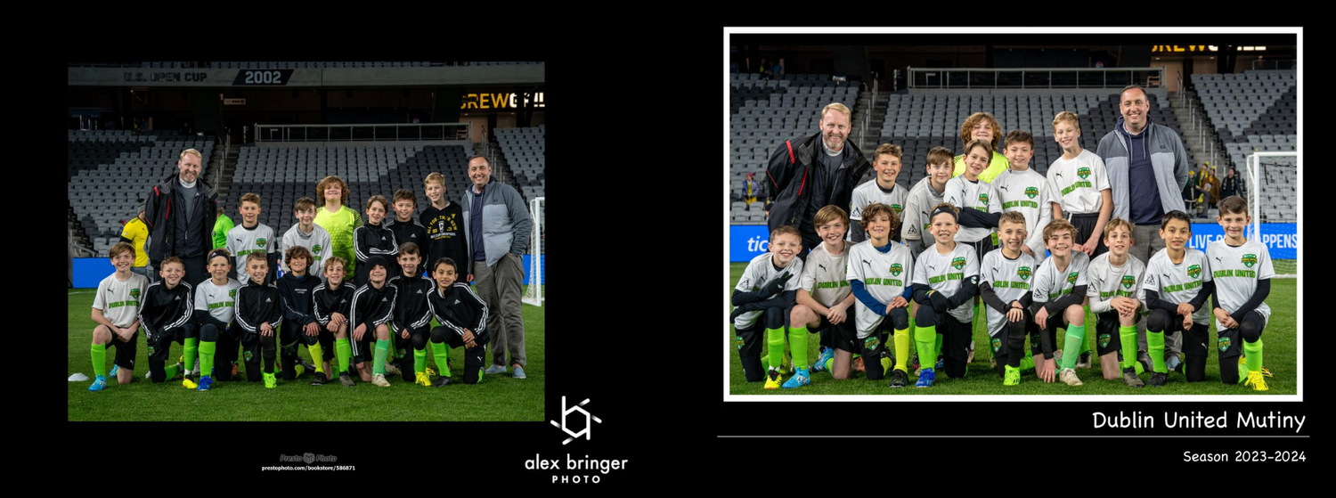 Dublin United Mutiny youth soccer team posing for official group portrait at a professional stadium.