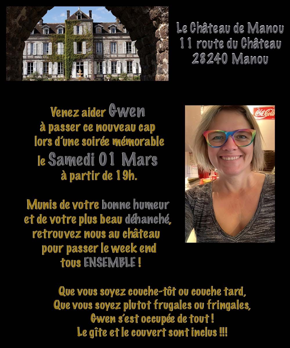 French birthday party invitation for Gwen's 50th at Chateau de Manou, featuring her smiling photo.
