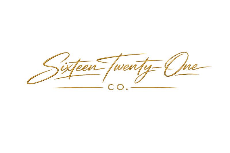 Sixteen Twenty-One Co. elegant gold cursive script logo on white background.