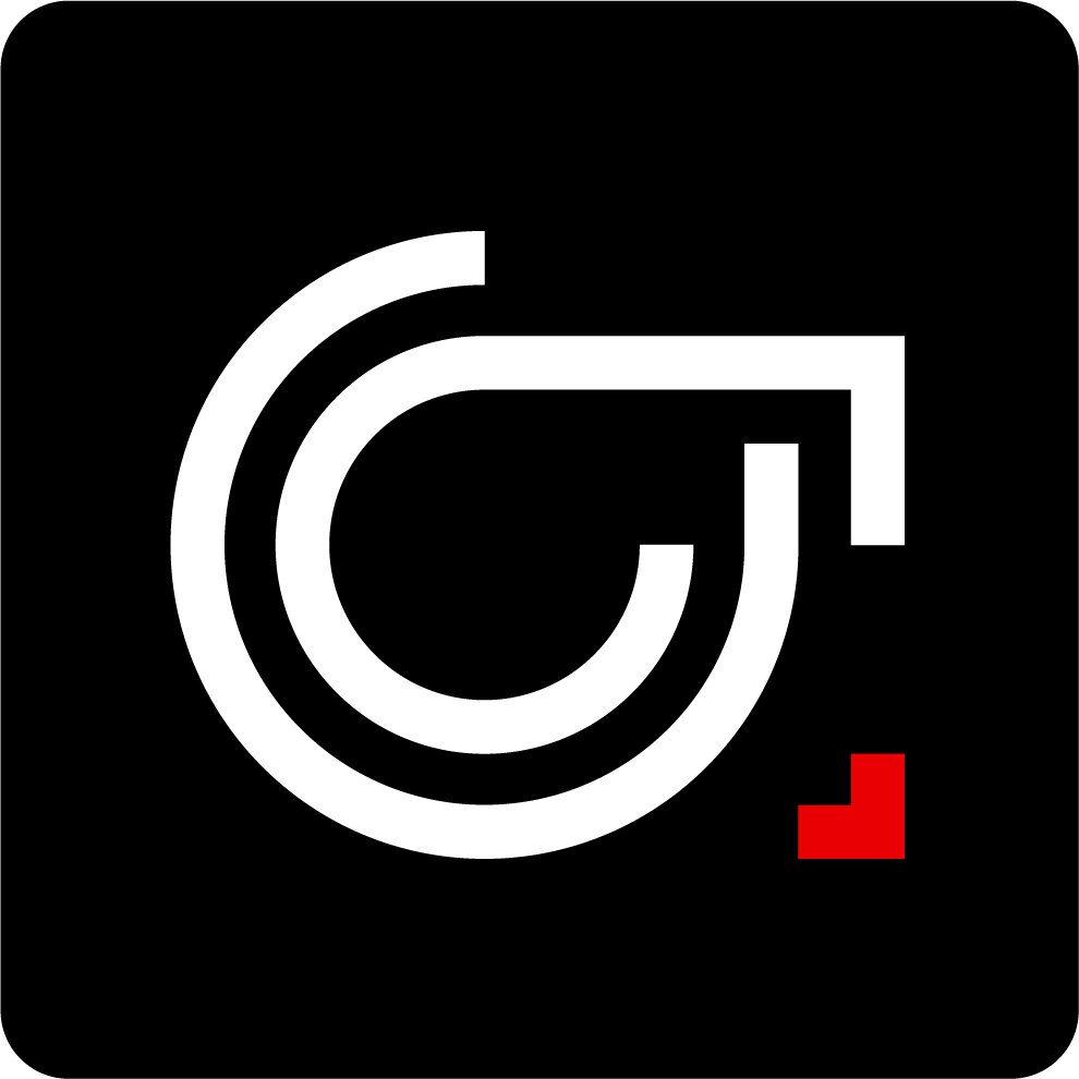 Black rounded square logo with white spiral letter G design and small red square accent mark.