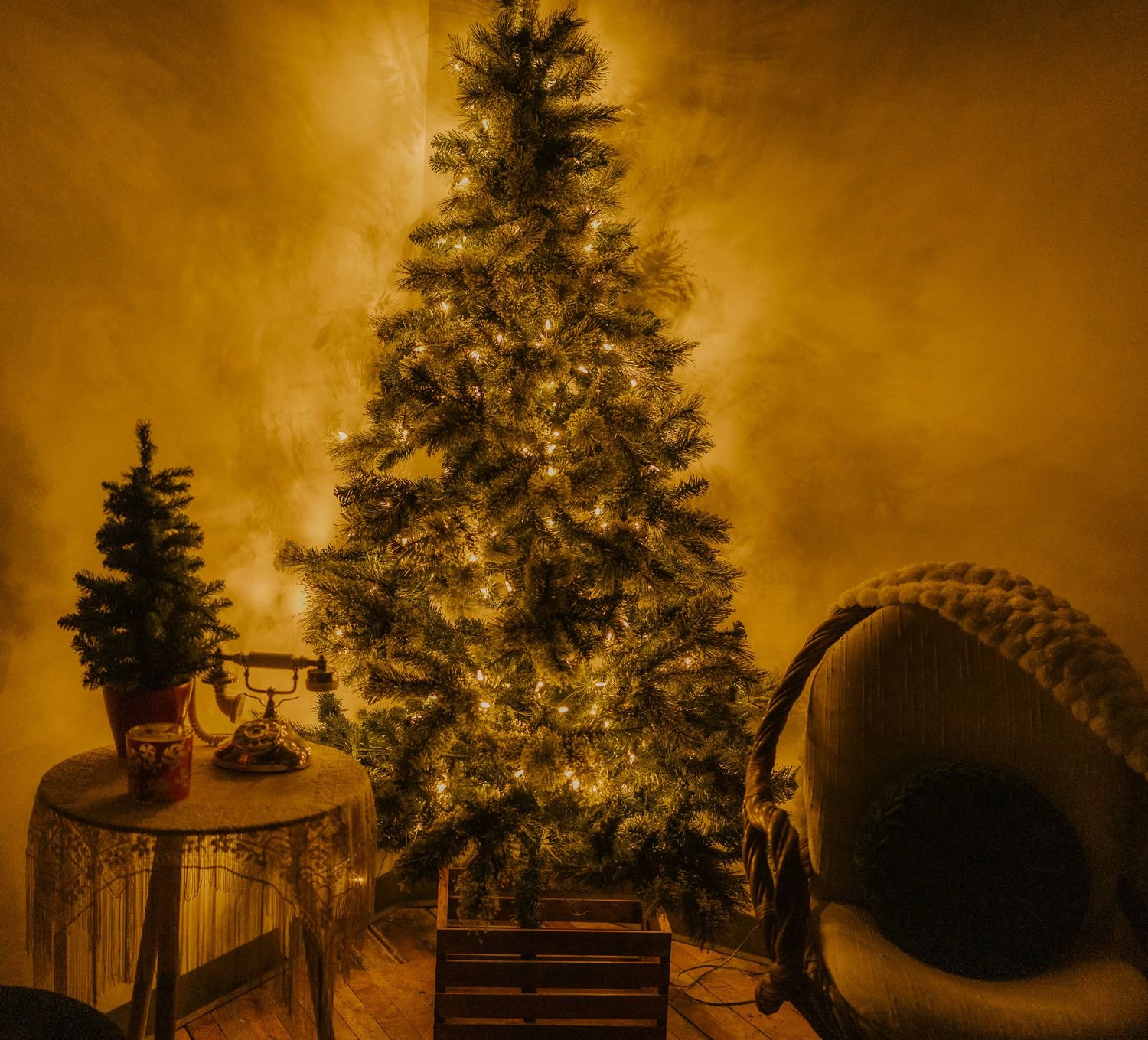 A warmly lit Christmas tree adorned with glowing lights stands beside a small tree and vintage phone on a side table.