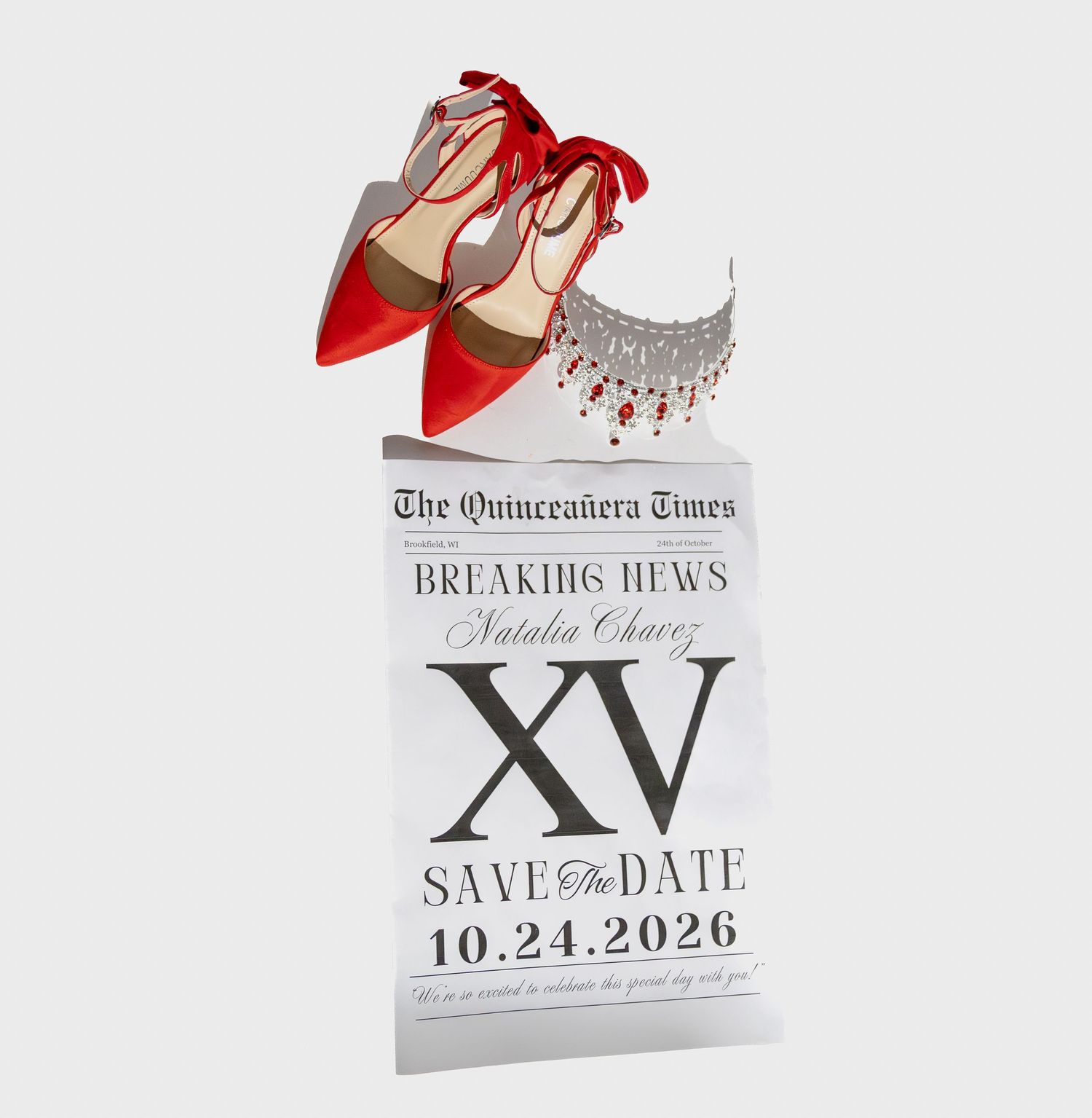 Quinceañera save the date card with red heels and jewelry, reading XV Save The Date 10.24.2026 for Natalia Chavez.