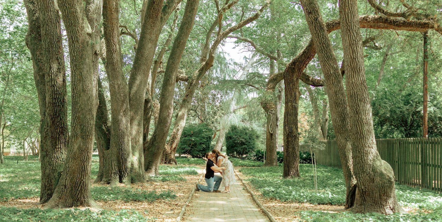 Couple kneeling on a stone path surrounded by tall, lush trees in a serene park setting.