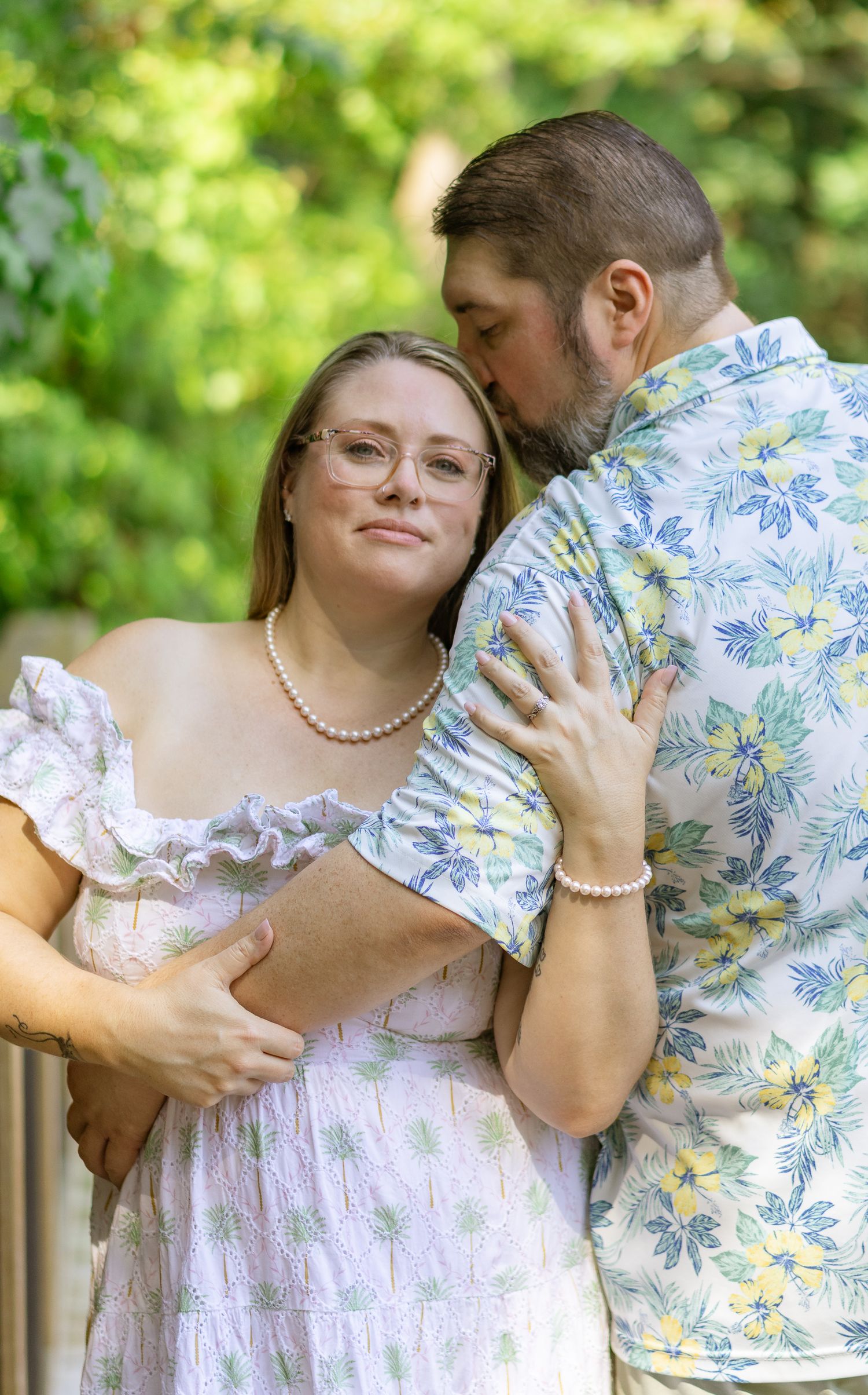 Engaged couple sharing a tender moment during a Lexington, South Carolina engagement session.
