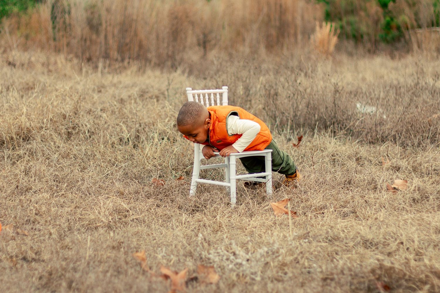 A white wooden chair sits alone in a dry autumn field with scattered orange leaves and brown grass.