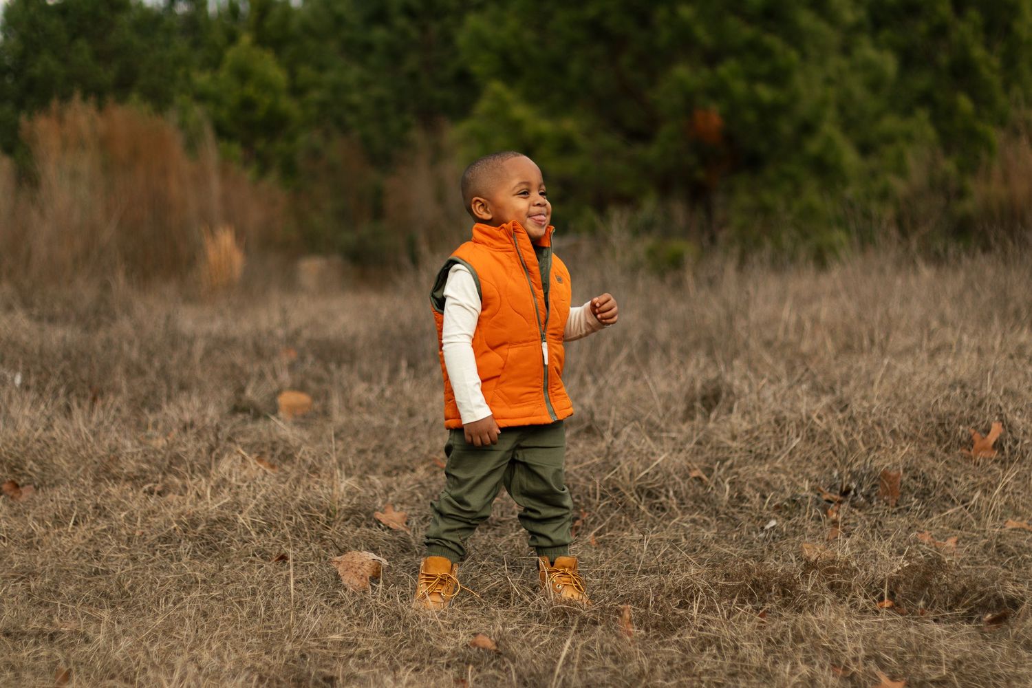 A sequence of images showing a hunter in bright orange safety vest walking through a brown autumn field.
