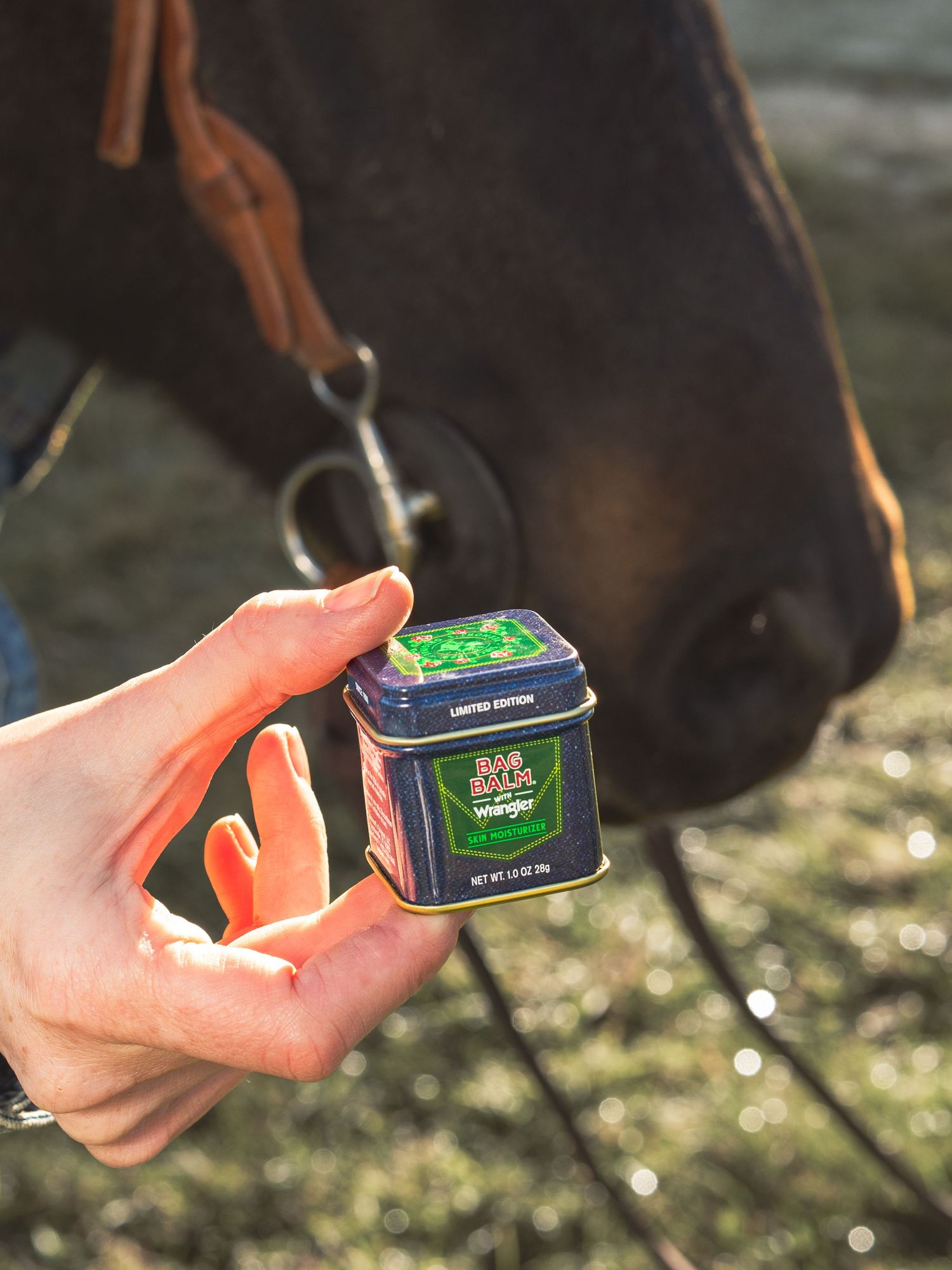 Person holding limited edition Bag Balm Wrangler collaboration tin near a brown horse outdoors.