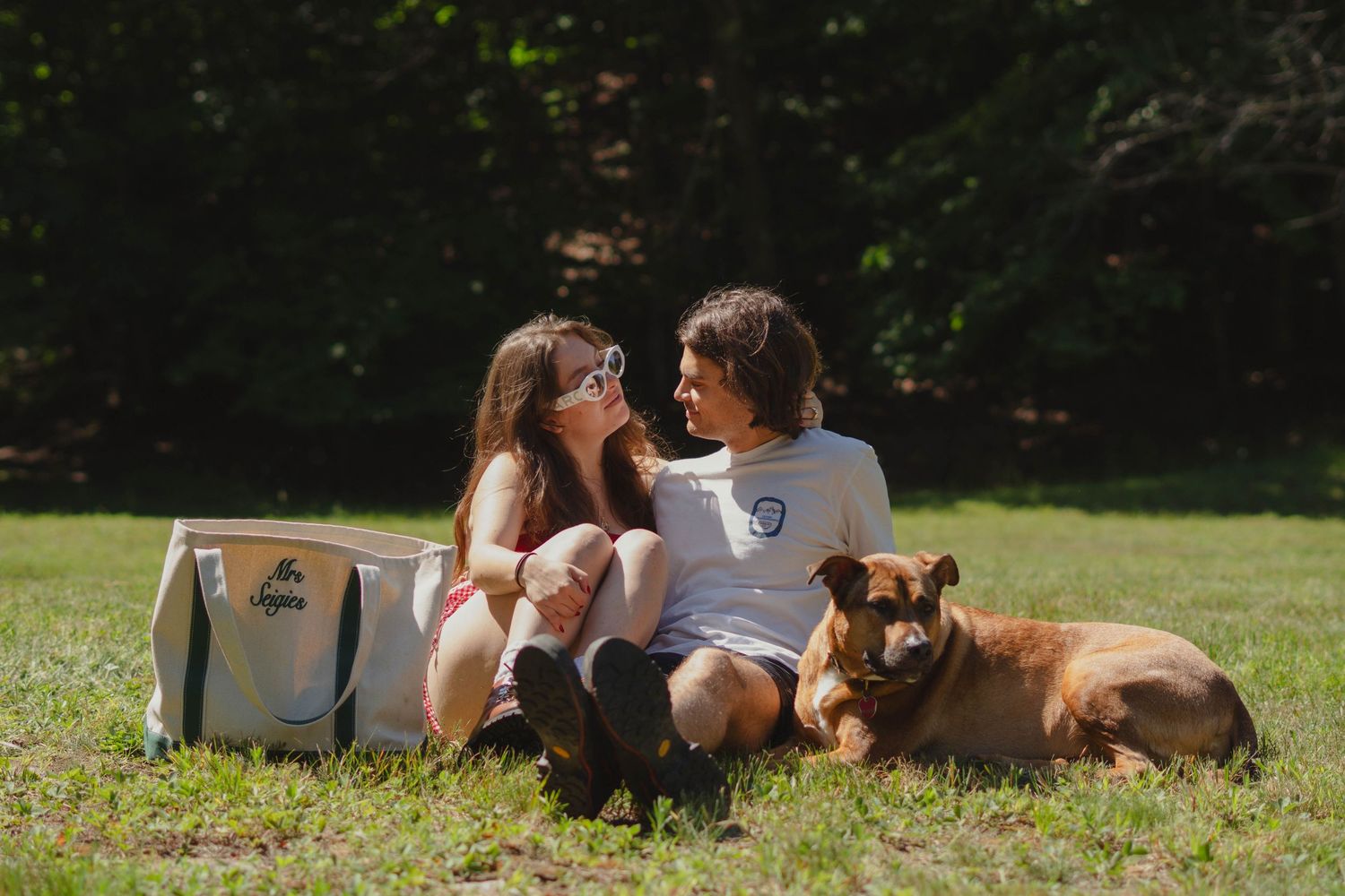 Couple sitting on grass with brown dog and bag in sunny park.