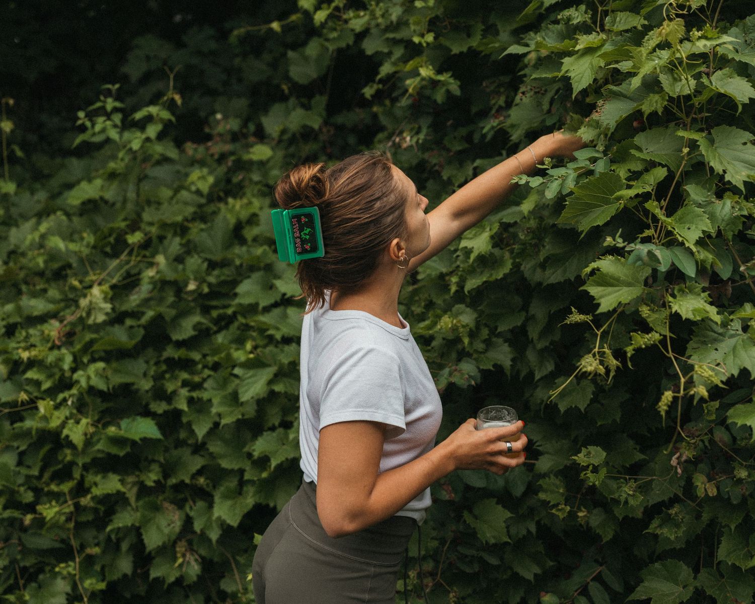 Woman reaching up to pick hops from a vine while holding a glass of beer outdoors.