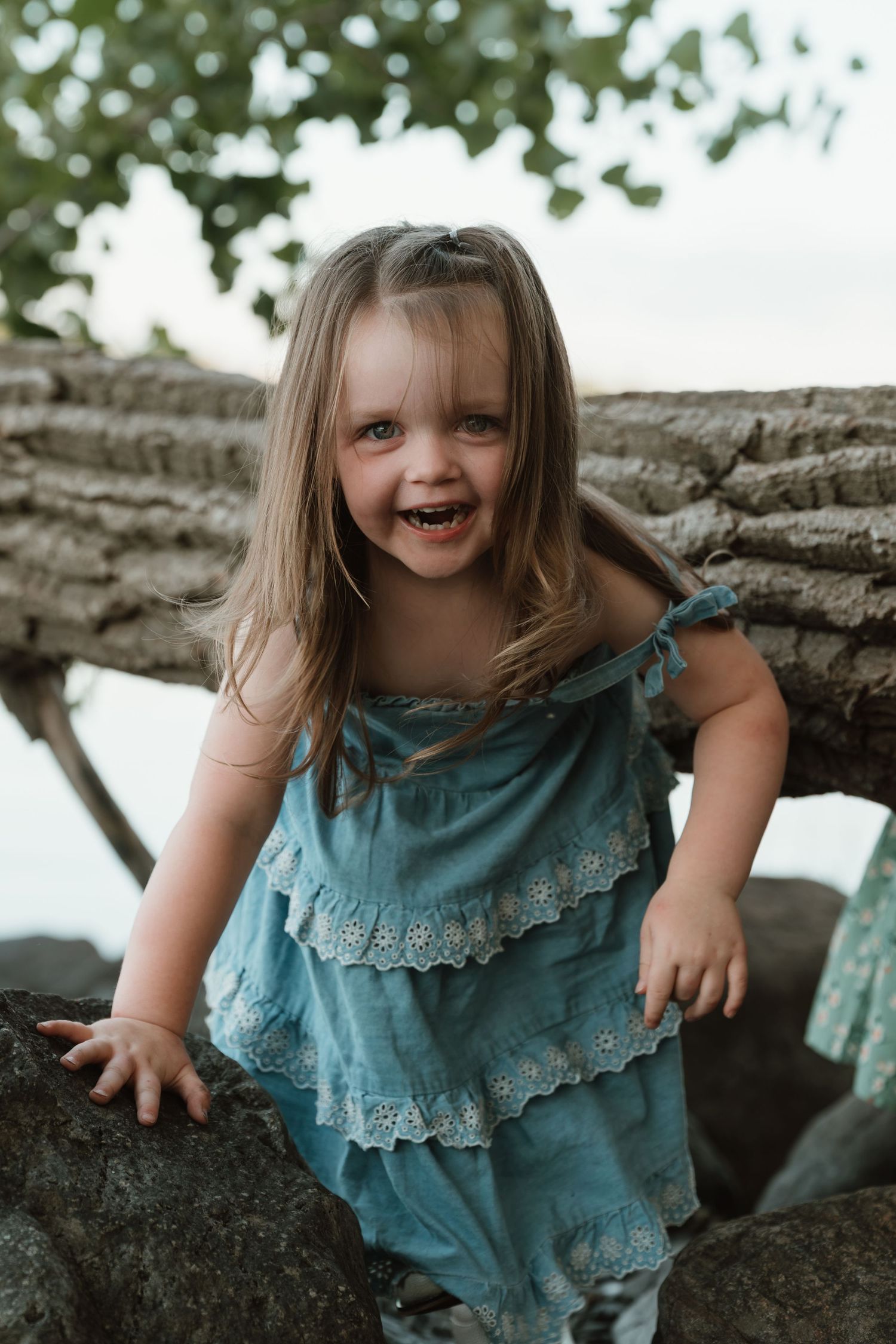 Happy little girl in a teal ruffled dress laughing while climbing on rocks near a tree.