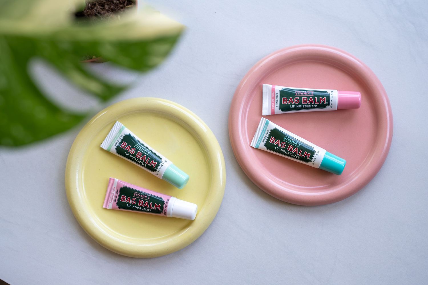 Four Bag Balm lip balm tubes displayed on yellow and pink ceramic plates with tropical leaf background.