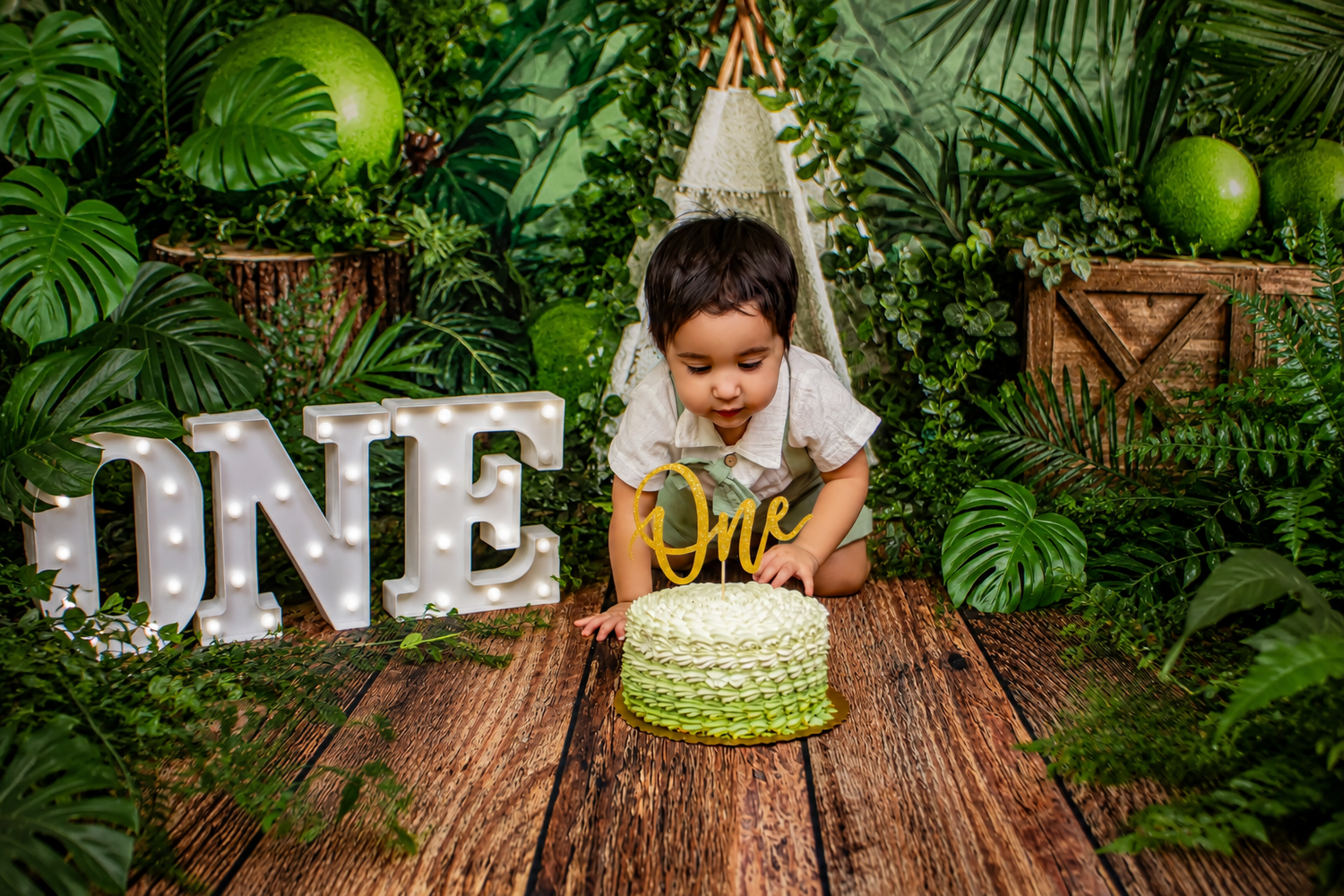 Toddler boy leaning toward green ombre smash cake with ONE marquee letters in jungle backdrop.
