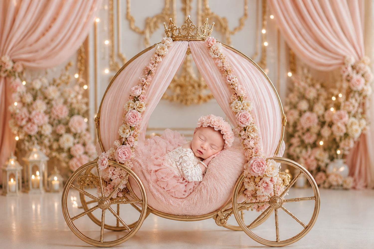 Newborn baby in pink wrap sleeping inside a pink and gold princess carriage with floral decor.