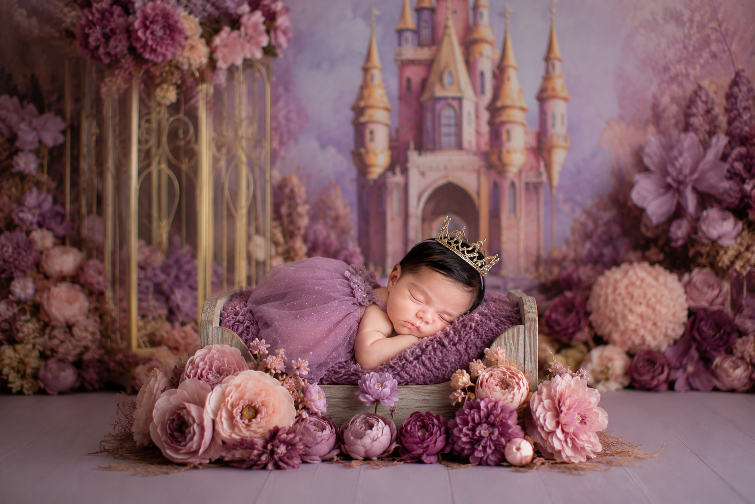 Sleeping newborn in purple wrap with tiara in floral bed with fairy tale castle backdrop.