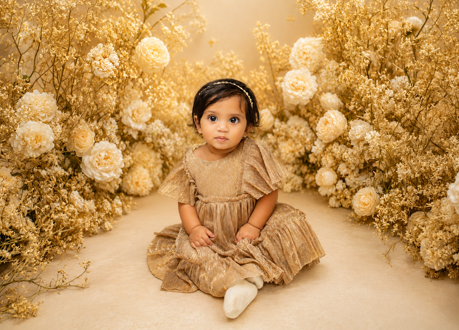 Sweet baby girl in a tan dress sitting surrounded by lush white and golden dried flower arrangements.