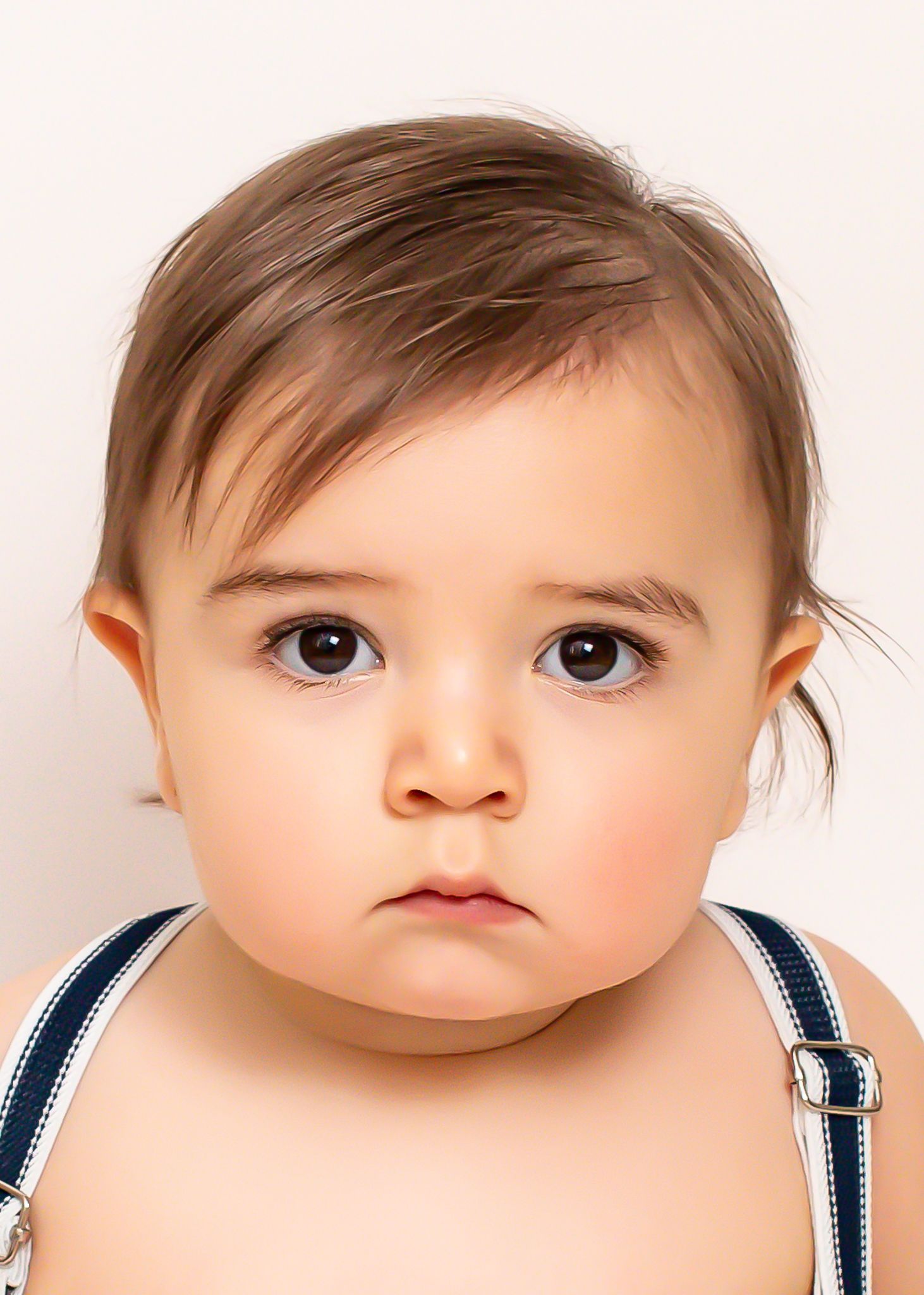 Close-up portrait of an adorable baby with brown eyes wearing navy suspenders on a light background.