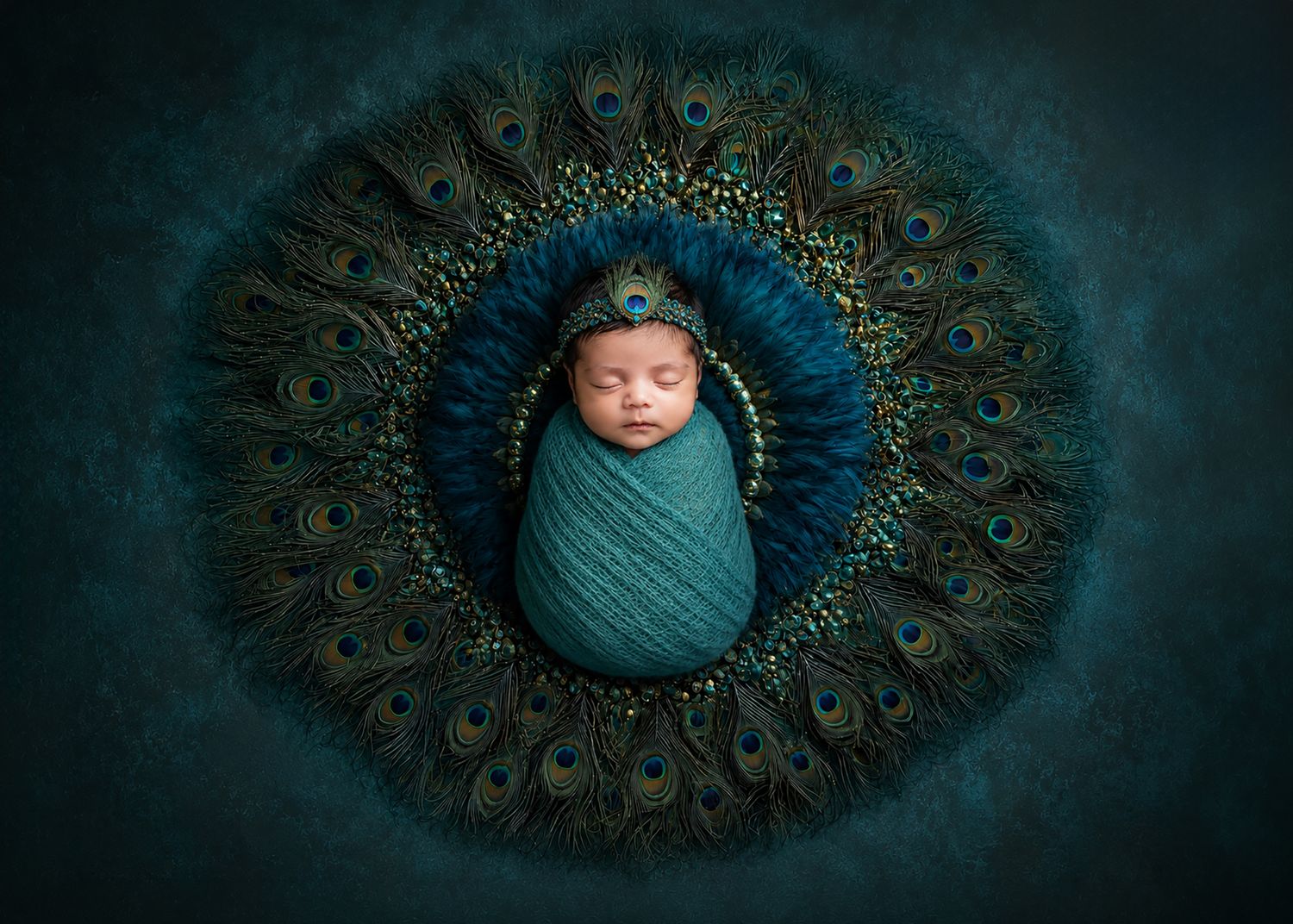 Newborn baby swaddled in teal wrap sleeping in center of a circular peacock feather arrangement.