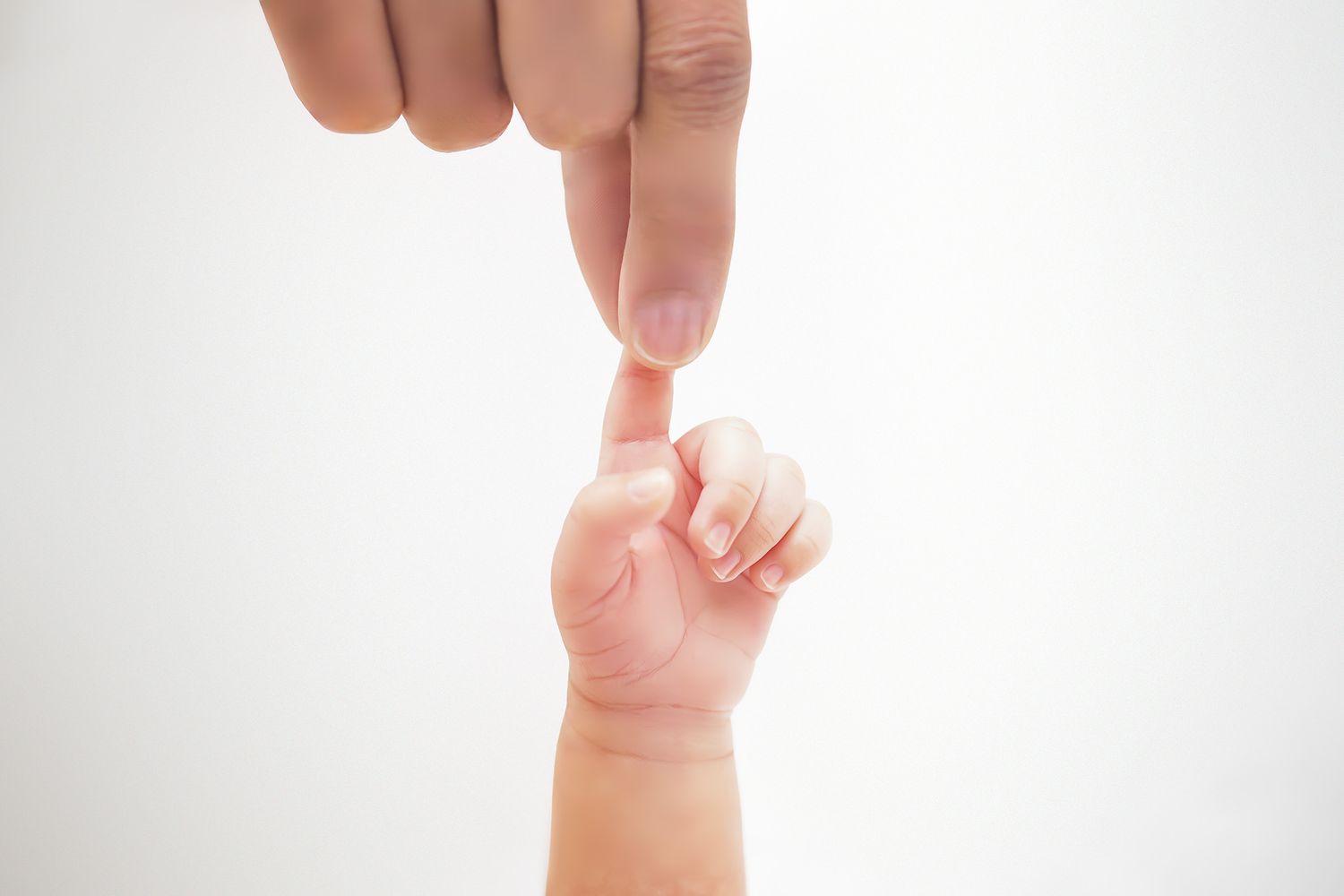 Adult finger gently touching a newborn baby tiny raised finger on a white background.