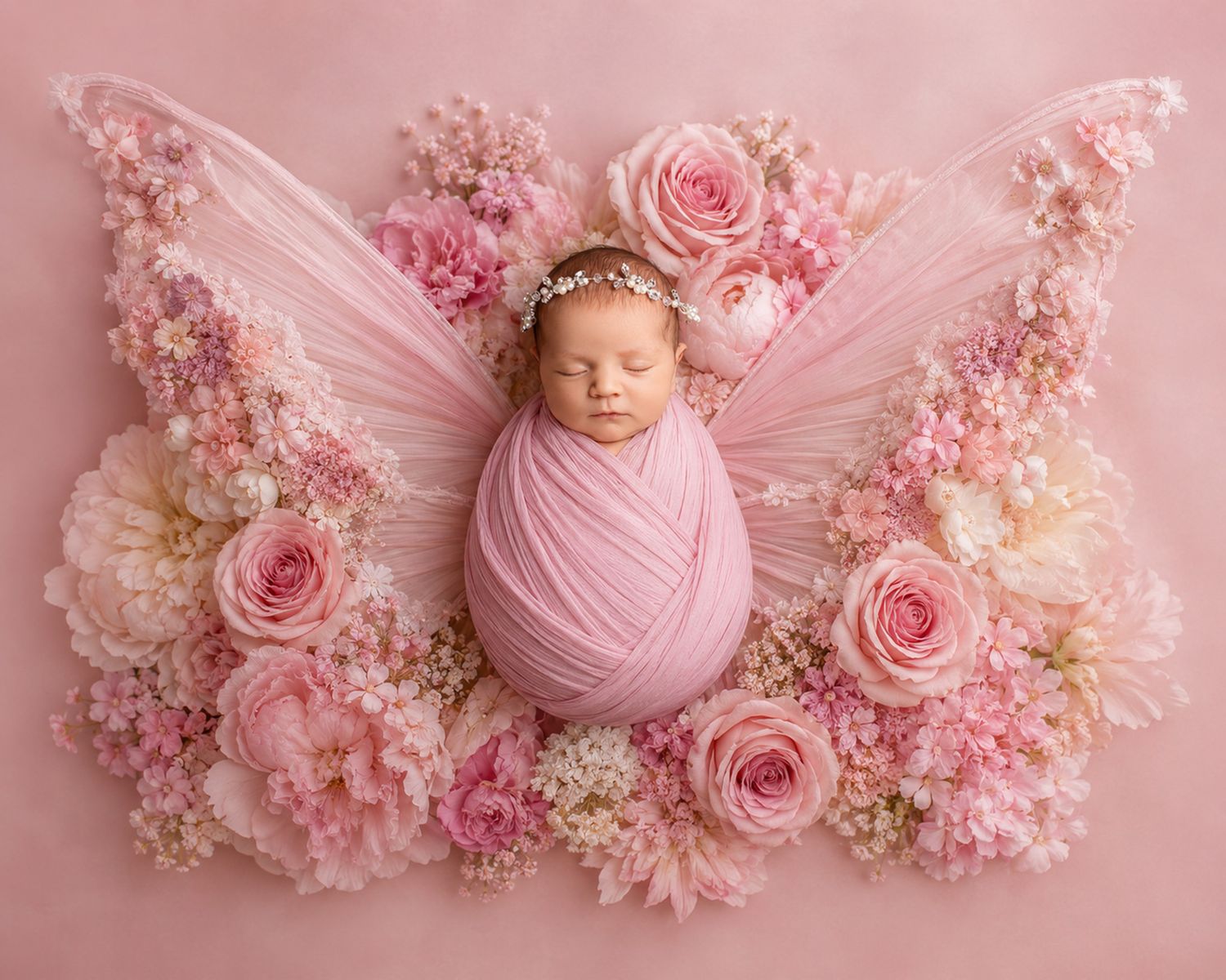 Newborn baby girl swaddled in pink wrap surrounded by pink roses and butterfly wings arrangement.