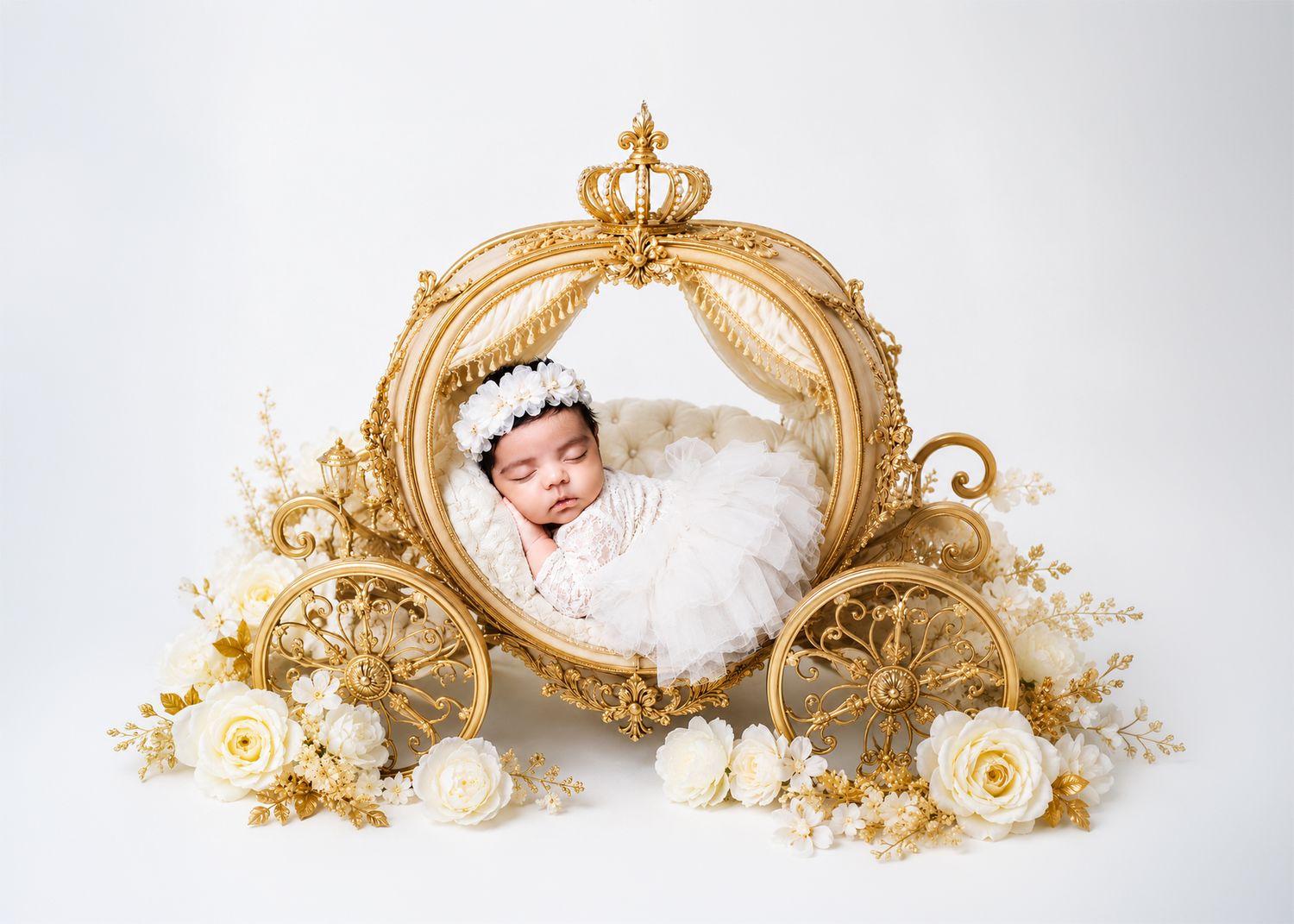 Sleeping newborn baby in white wrap resting in a gold princess carriage prop with white flowers.