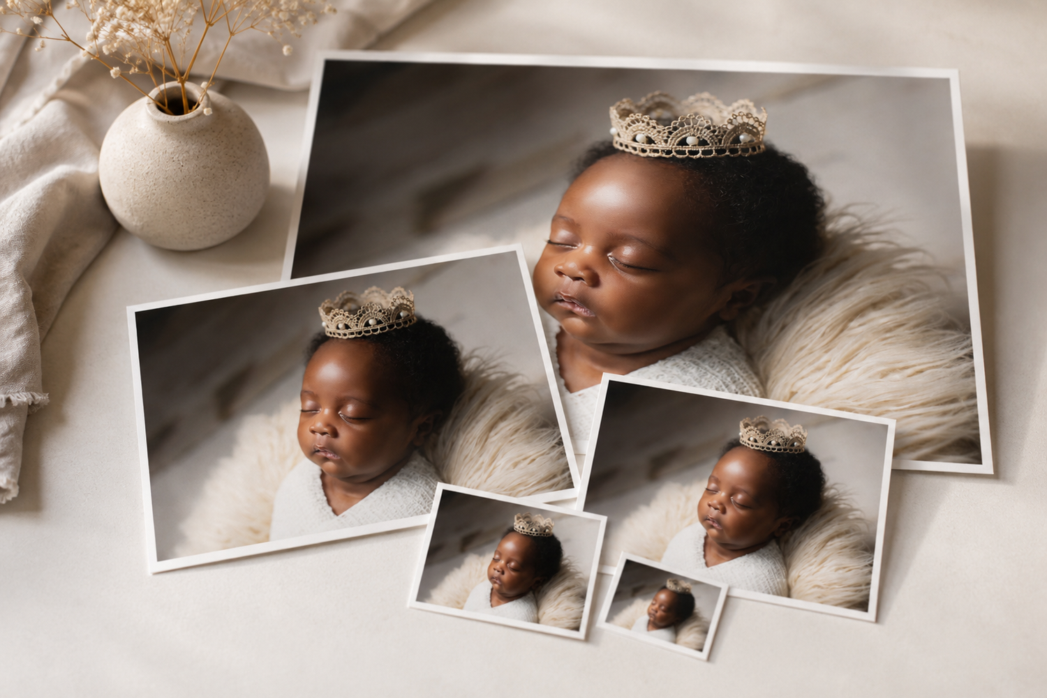 Newborn baby wearing a gold crown sleeping peacefully on white fur, displayed in multiple print sizes.