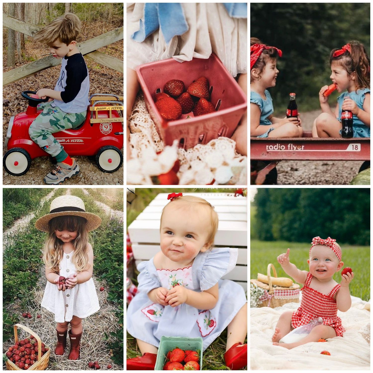 Six collage photos of young girls with strawberries, featuring red wagon, picnic basket, and summer outfits in outdoor settings.