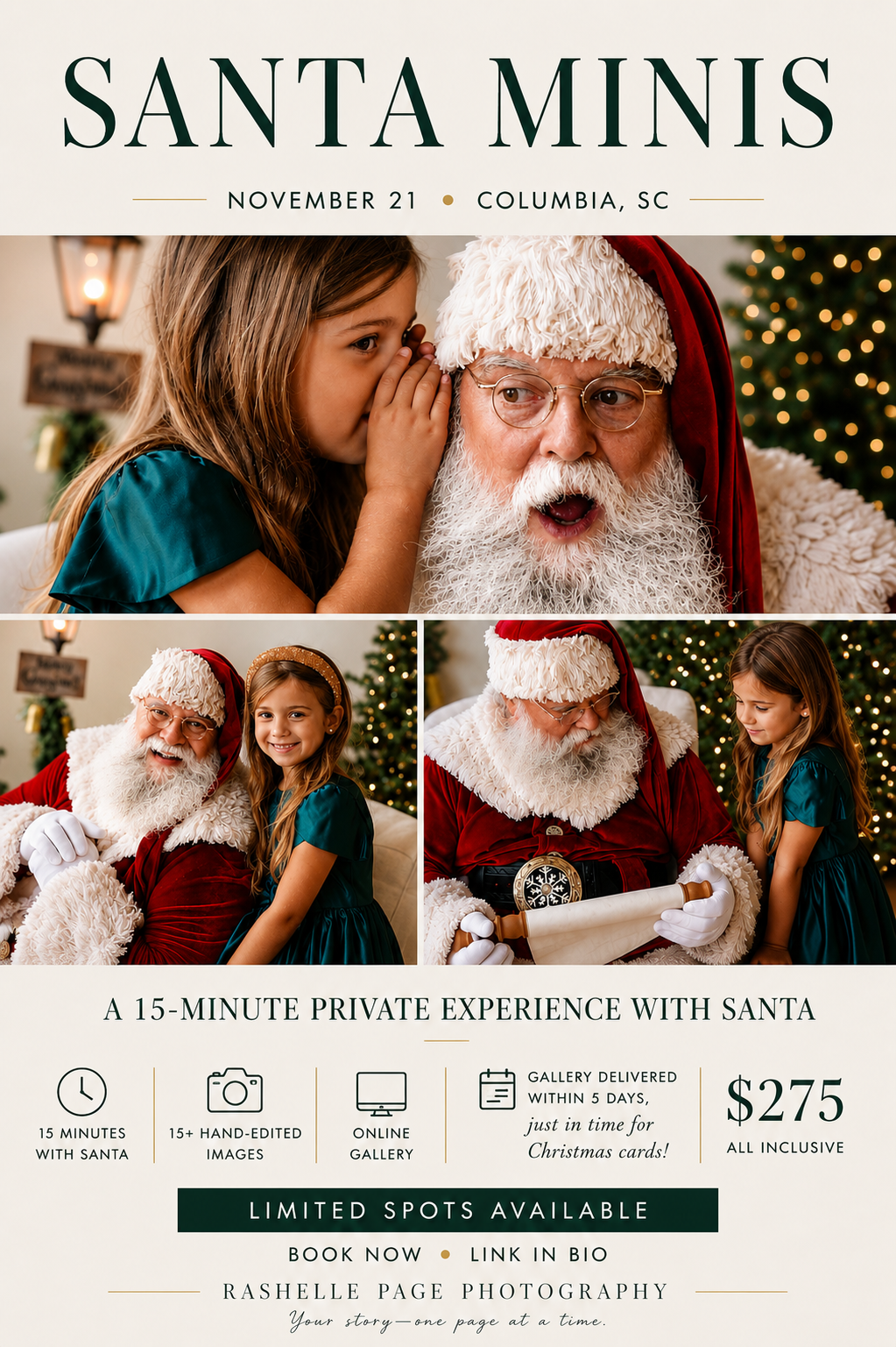 Santa Minis photography session flyer for Nov 21 in Columbia SC, featuring child whispering to Santa, $275 all-inclusive.
