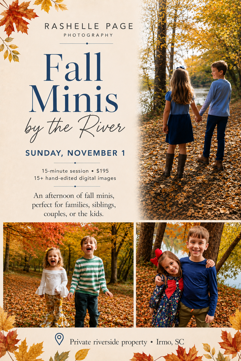 Fall mini photo session flyer by Rashelle Page Photography, featuring children playing in autumn leaves by a river in Irmo, SC.