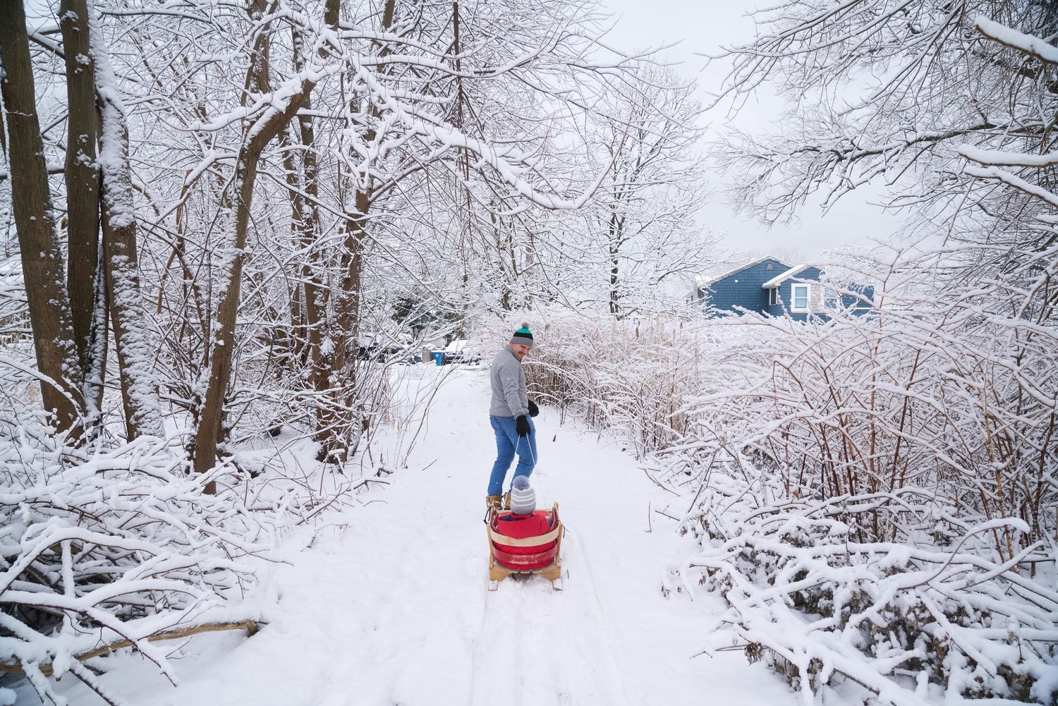 Person pulling a red wooden sled through a snow-covered forest path in winter.