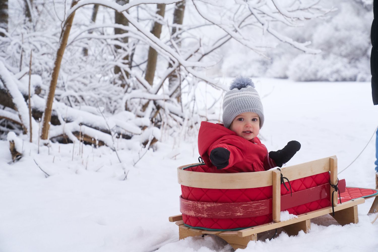 Cute baby in red snowsuit sitting in a wooden sled surrounded by snowy winter forest.