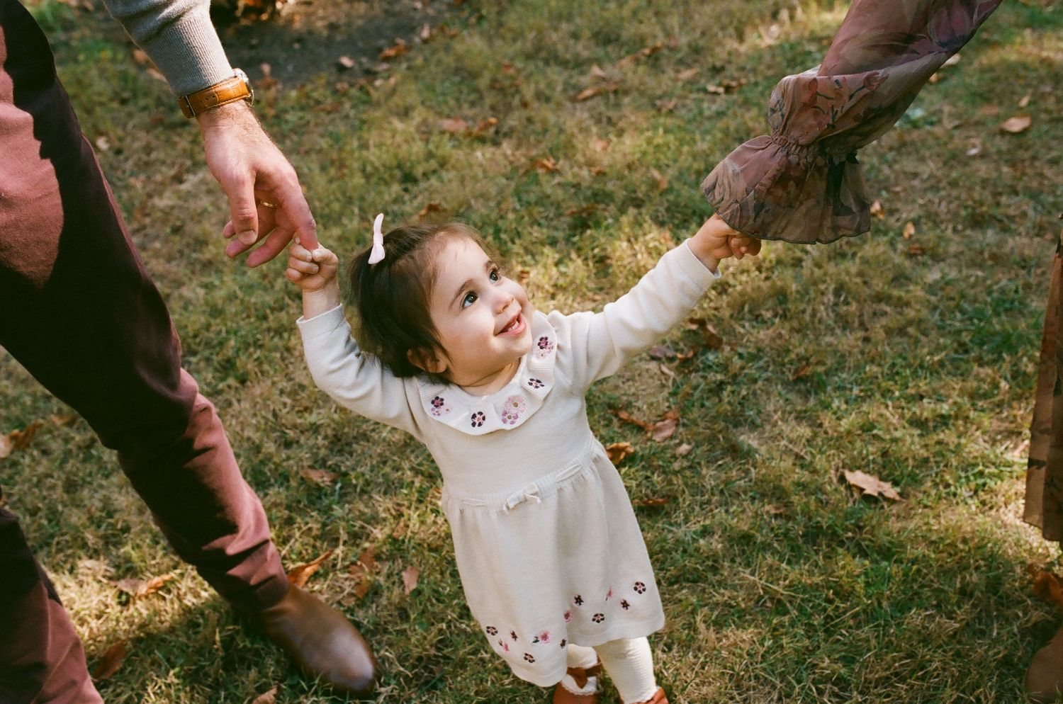 Toddler girl in white dress holding hands with two adults while standing on green grass outdoors.
