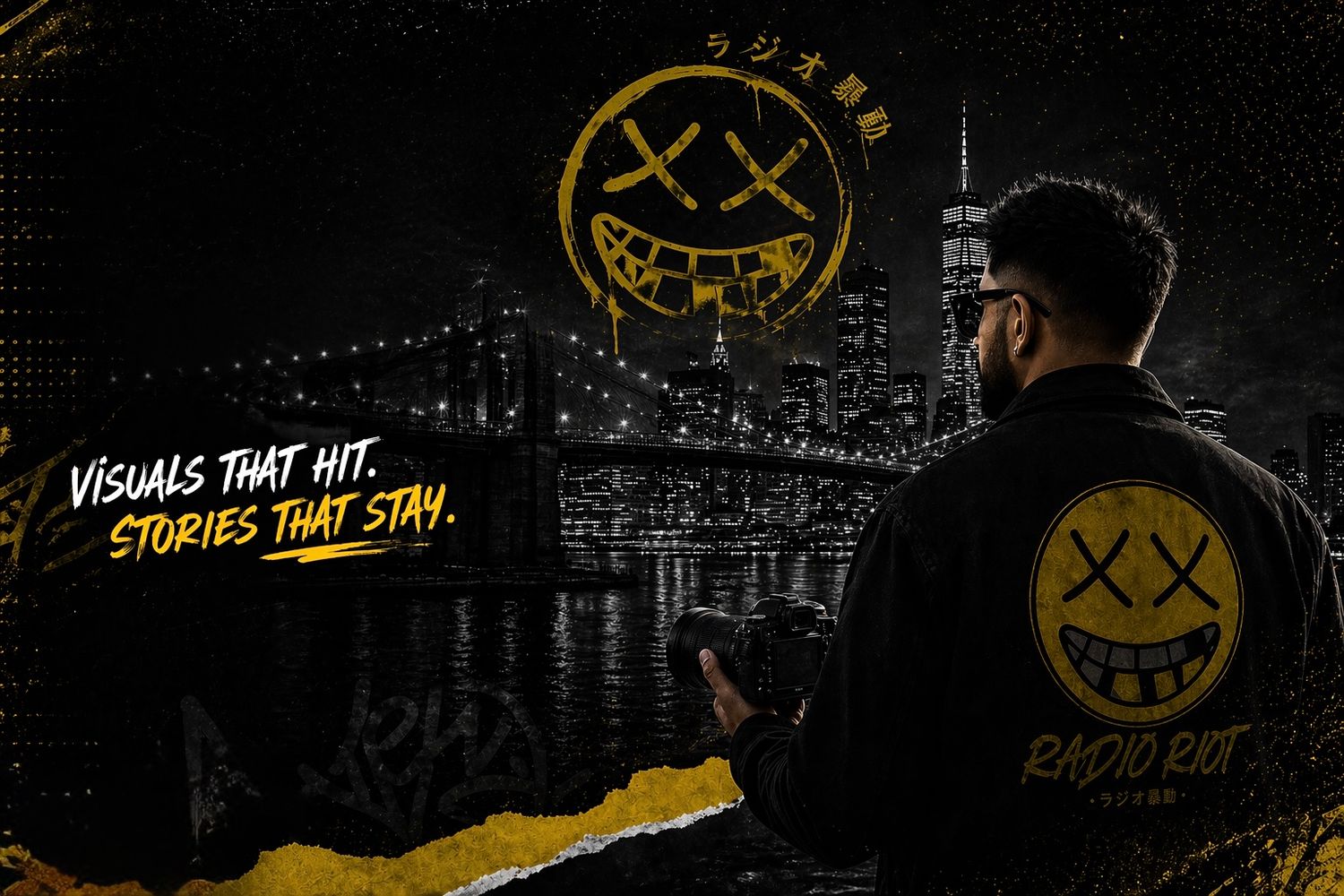 Radio Riot photographer standing before NYC skyline with bold yellow branding and visuals tagline.