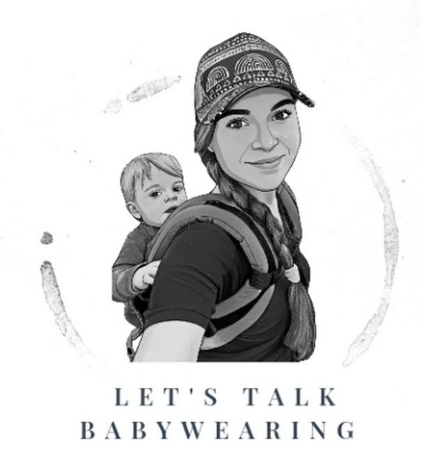 Black and white logo illustration of mother babywearing infant for Let's Talk Babywearing.