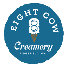 Round teal logo for Eight Cow Creamery featuring an ice cream cone graphic and the location Ridgefield, WA.
