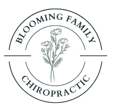 Blooming Family Chiropractic circular logo with floral illustration in dark green ink.