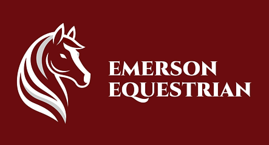 Emerson Equestrian logo with white horse head on dark red background.