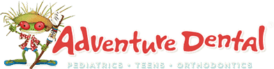 Adventure Dental pediatrics, teens, and orthodontics colorful logo with a cartoon character.