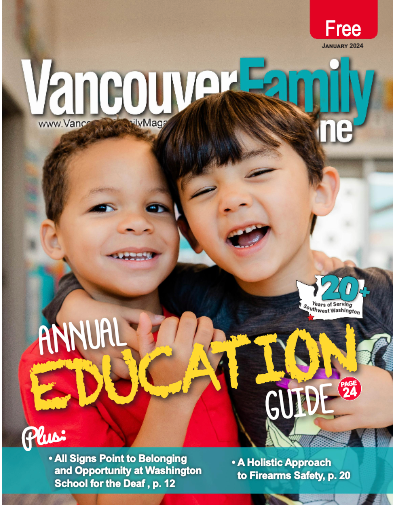 Vancouver Family Magazine January 2024 Annual Education Guide cover featuring two laughing young boys.