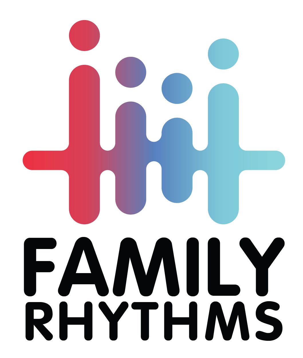 Family Rhythms logo with colorful abstract family figures in red purple and blue gradient.