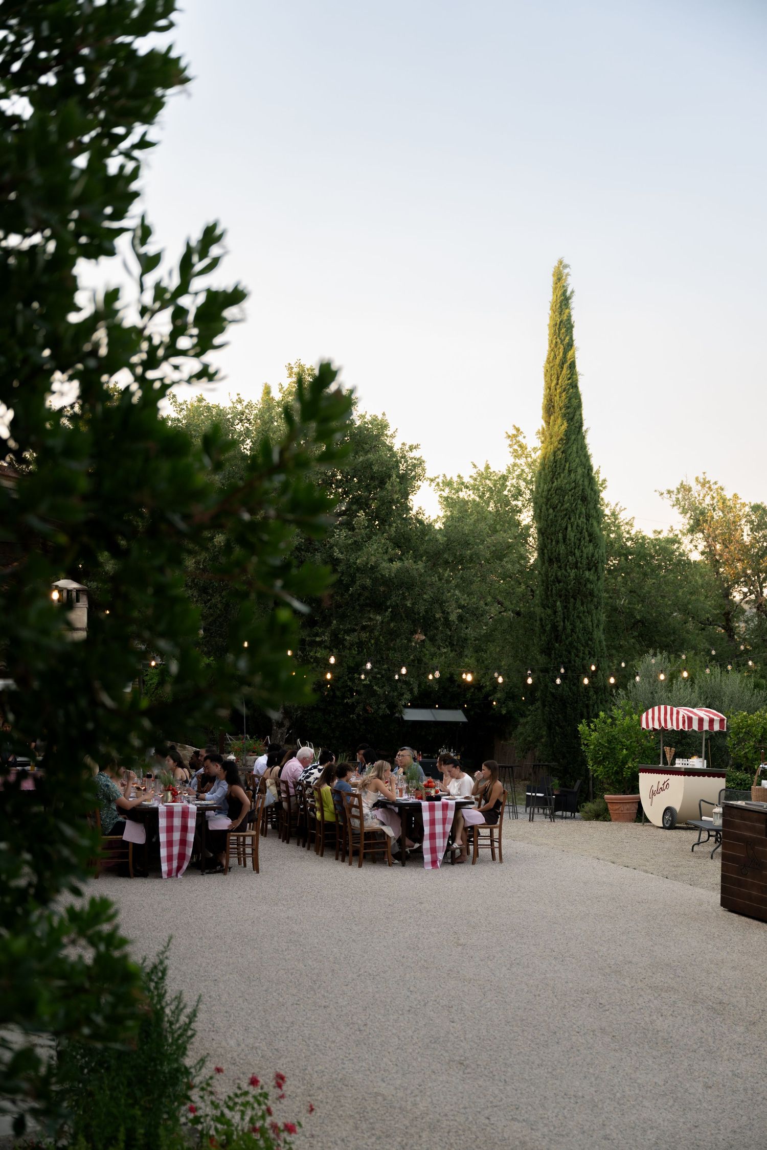 Outdoor dinner party with red checkered tablecloths, string lights, and cypress trees at dusk.