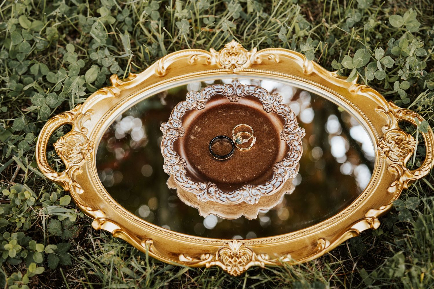 A set of seven decorative oval wood frames with ornate golden details displayed against a green foliage background.