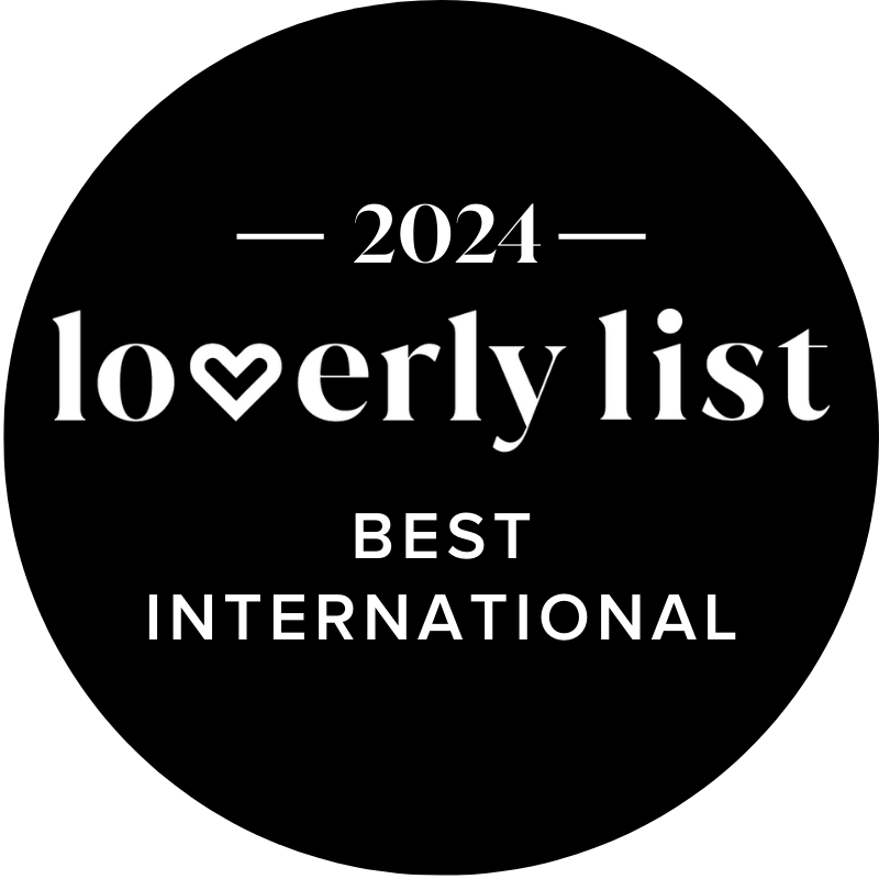Black and white logo for Loverly List Best International 2024 awards.